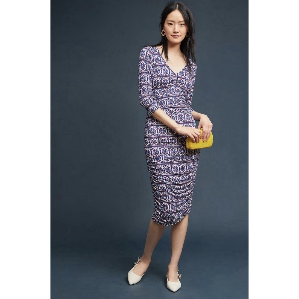 MOULINETTE SOEURS Anthropologie Medea Geometric Midi Dress Stretch V-Neck XS